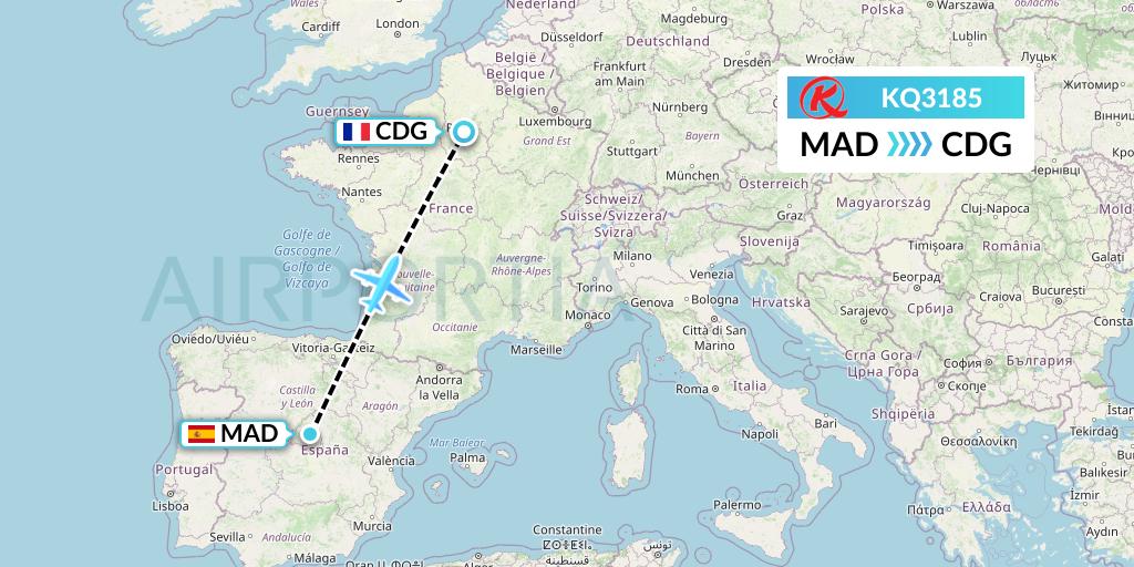 KQ3185 Kenya Airways Flight Map: Madrid to Paris