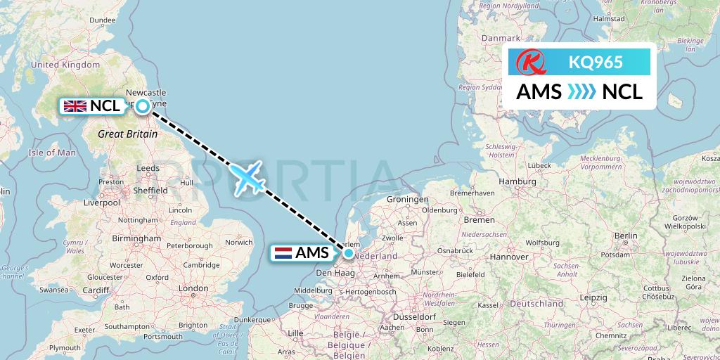 KQ965 Kenya Airways Flight Map: Amsterdam to Newcastle