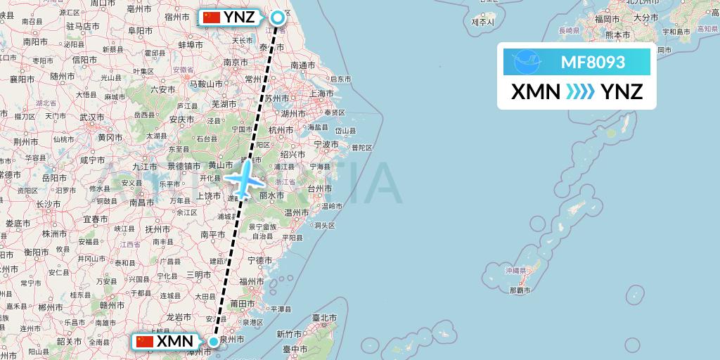 MF8093 Xiamen Airlines Flight Map: Xiamen to Yancheng