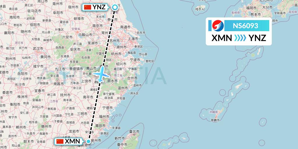 NS6093 Hebei Airlines Flight Map: Xiamen to Yancheng