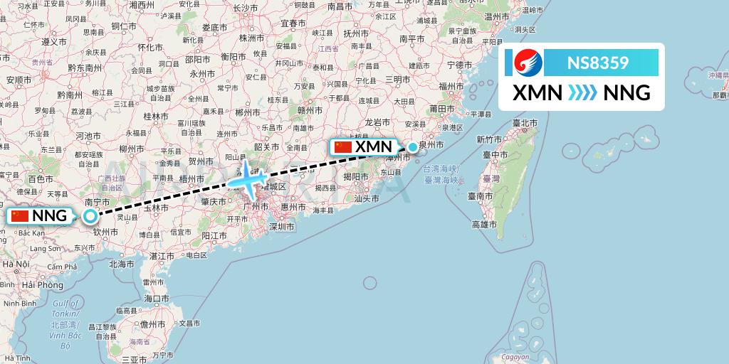NS8359 Hebei Airlines Flight Map: Xiamen to Nanning