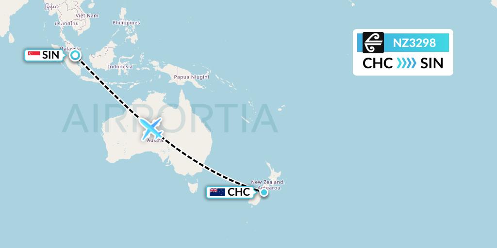 NZ3298 Air New Zealand Flight Map: Christchurch to Singapore