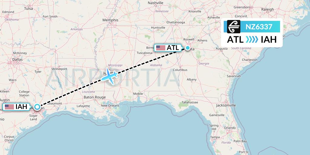 NZ6337 Air New Zealand Flight Map: Atlanta to Houston