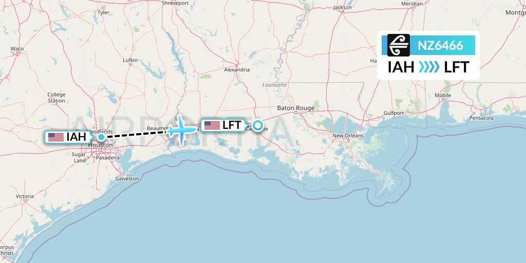 NZ6466 Air New Zealand Flight Map: Houston to Lafayette
