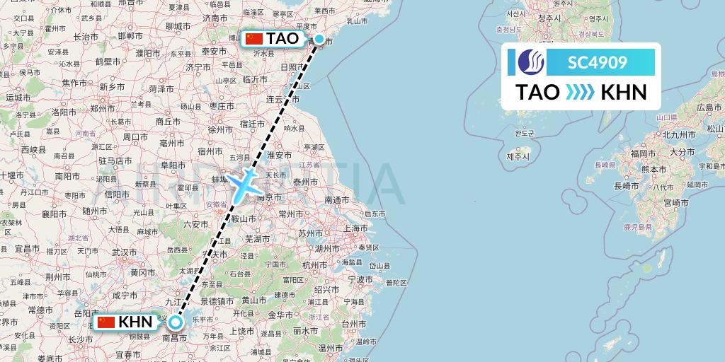 SC4909 Shandong Airlines Flight Map: Qingdao to Nanchang