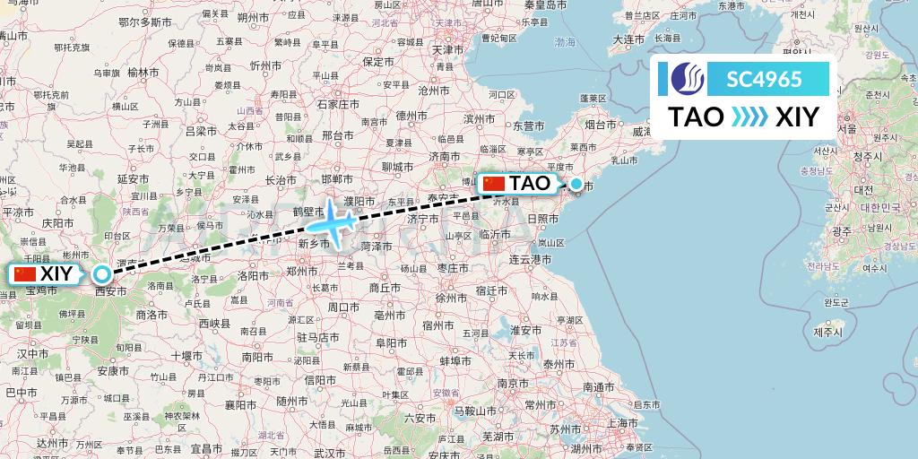 SC4965 Shandong Airlines Flight Map: Qingdao to Xi'an