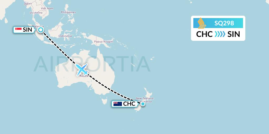 SQ298 Singapore Airlines Flight Map: Christchurch to Singapore