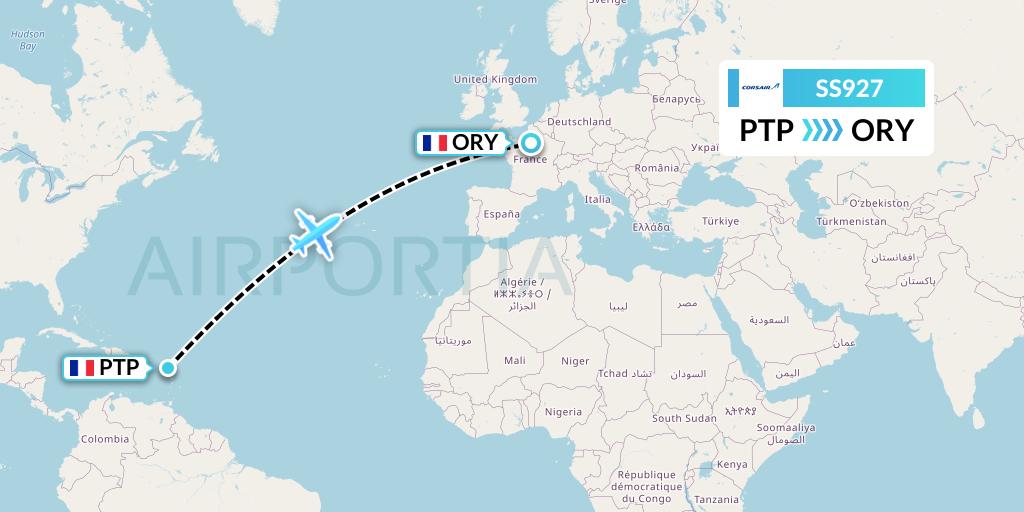SS927 Corsair Flight Map: Pointe-a-Pitre to Paris