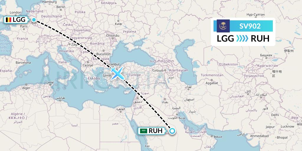 SV902 Saudi Arabian Airlines Flight Map: Liege to Riyadh
