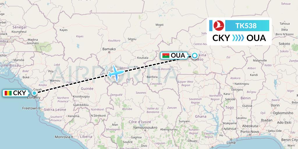 TK538 Turkish Airlines Flight Map: Conakry to Ouagadougou