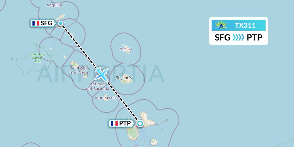 TX311 Air Caraibes Flight Map: Sint Maarten to Pointe-a-Pitre