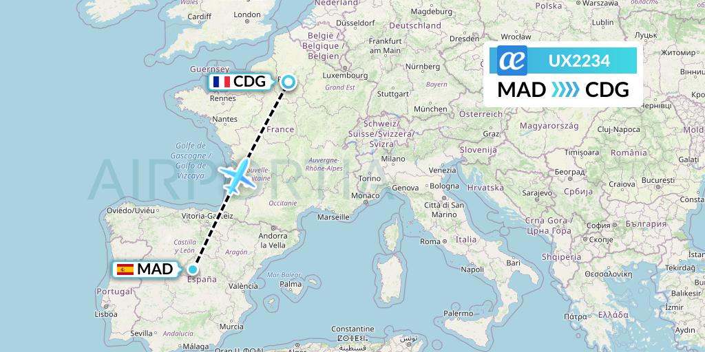 UX2234 Air Europa Flight Map: Madrid to Paris