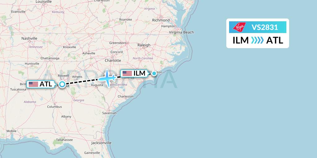 VS2831 Virgin Atlantic Airways Flight Map: Wilmington to Atlanta