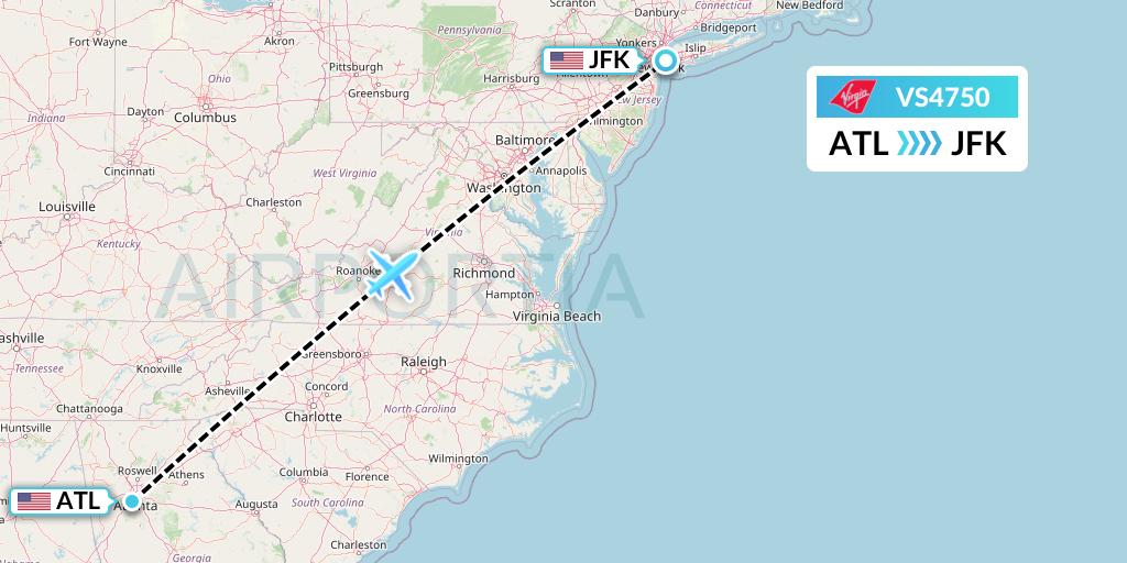 VS4750 Virgin Atlantic Airways Flight Map: Atlanta to New York