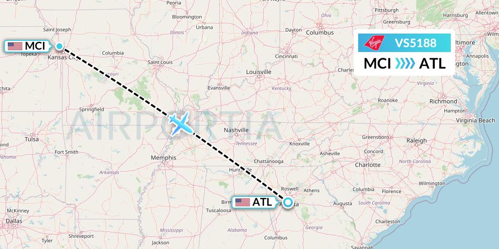 VS5188 Virgin Atlantic Airways Flight Map: Kansas City to Atlanta