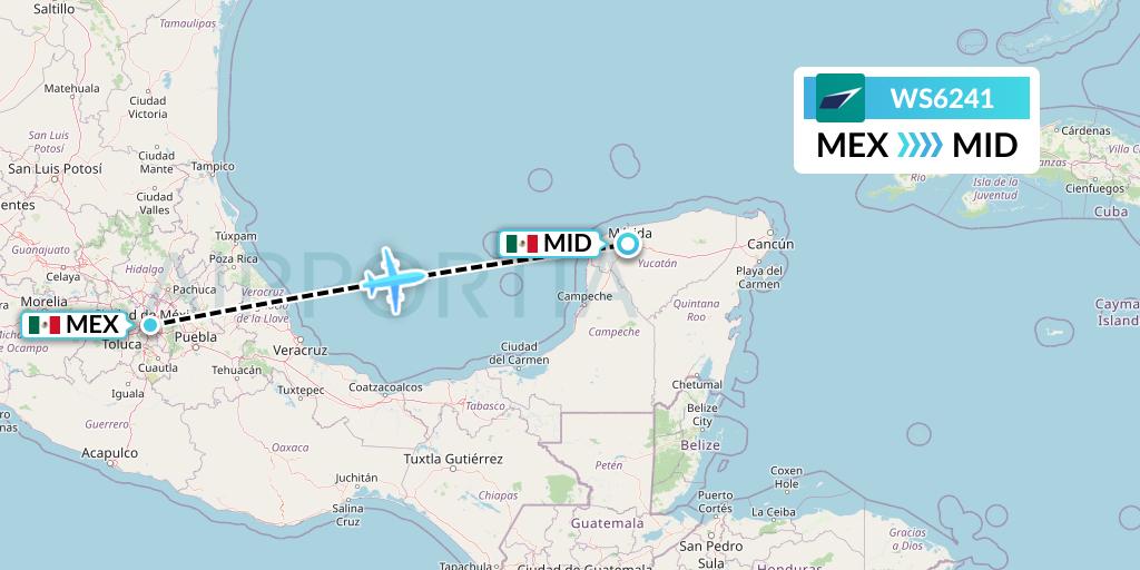 WS6241 WestJet Flight Map: Mexico City to Merida