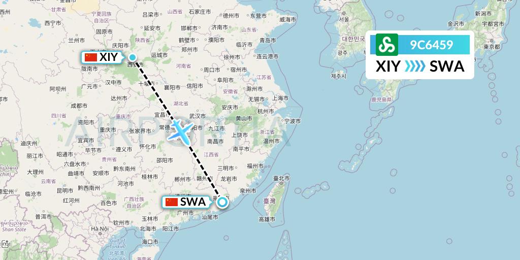 9C6459 Spring Airlines Flight Map: Xi'an to Jieyang