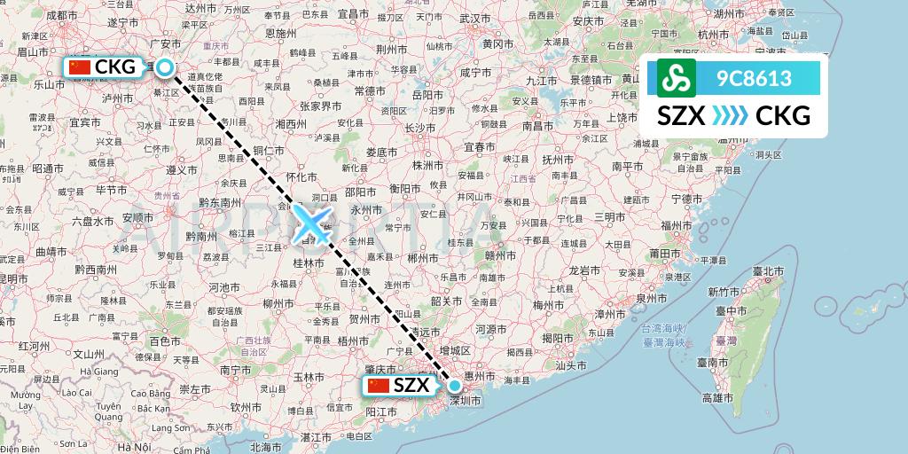 9C8613 Spring Airlines Flight Map: Shenzhen to Chongqing