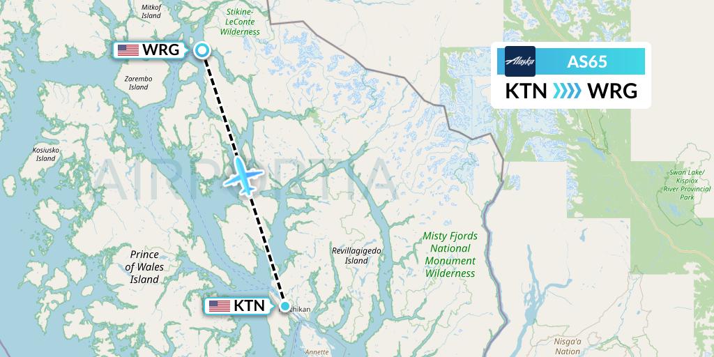 AS65 Alaska Airlines Flight Map: Ketchikan to Wrangell