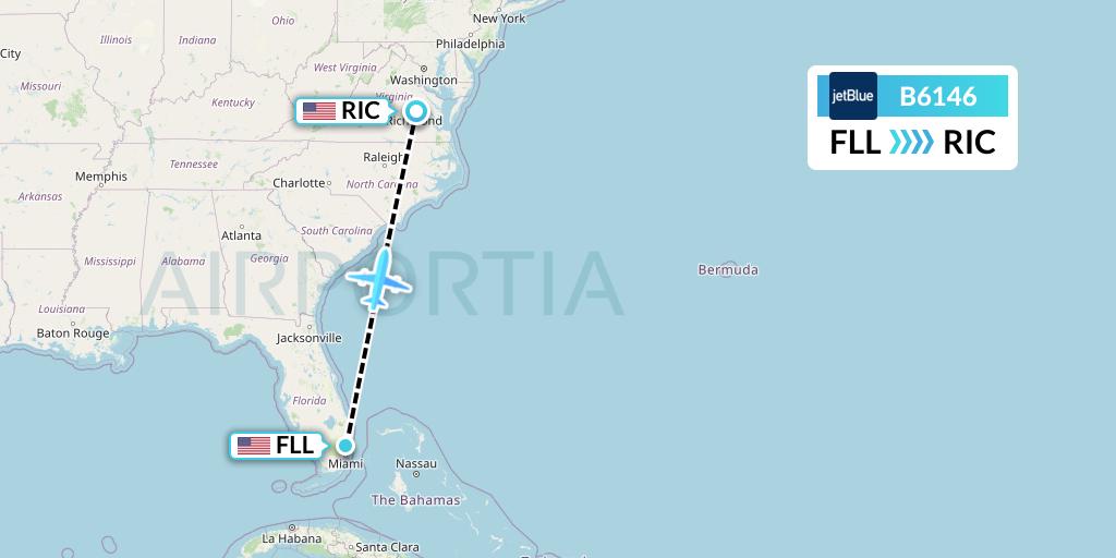 B6146 JetBlue Airways Flight Map: Fort Lauderdale to Richmond