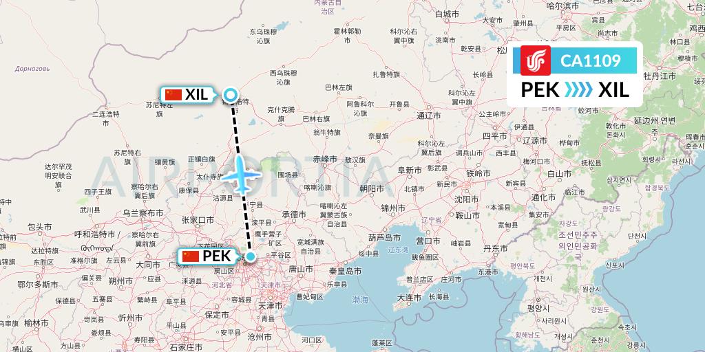 CA1109 Air China Flight Map: Beijing to Xilinhot