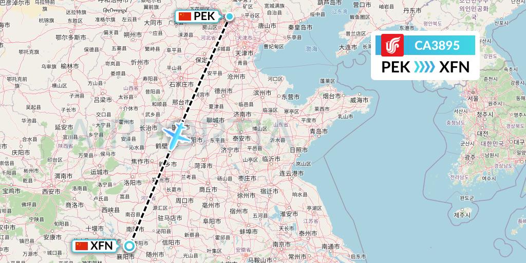 CA3895 Air China Flight Map: Beijing to Xiangyang