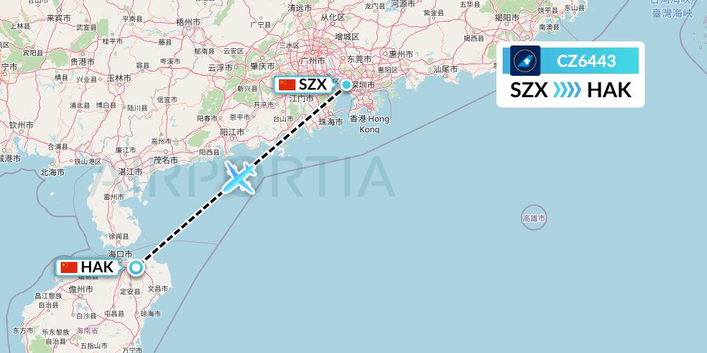 CZ6443 China Southern Airlines Flight Map: Shenzhen to Haikou