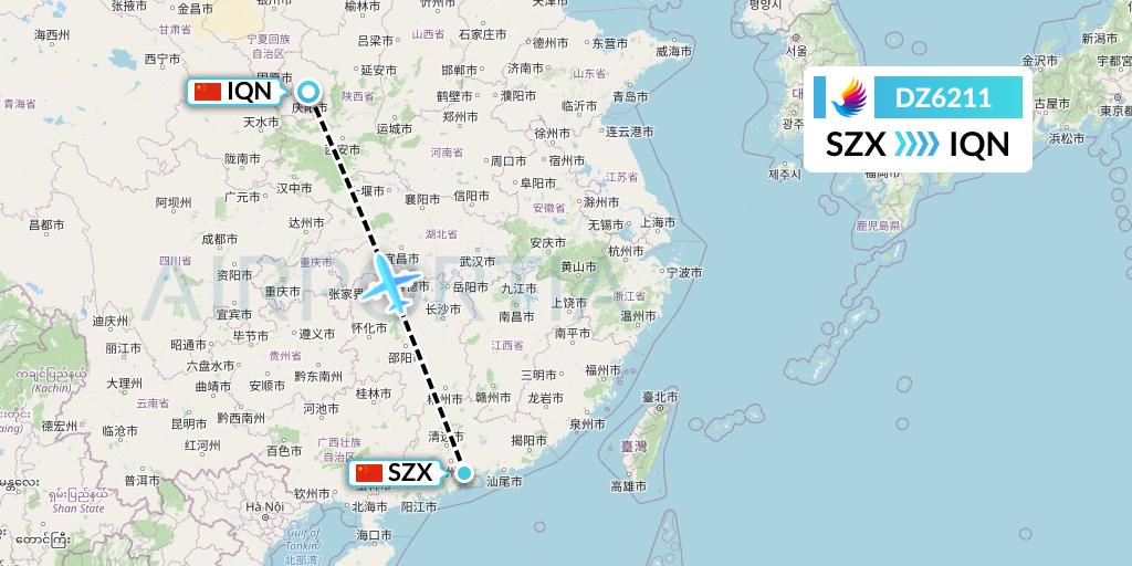 DZ6211 Donghai Airlines Flight Map: Shenzhen to Qingyang