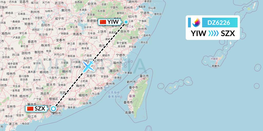 DZ6226 Donghai Airlines Flight Map: Yiwu to Shenzhen