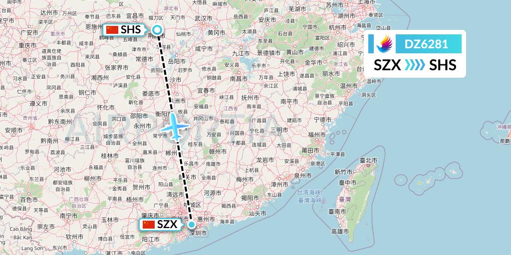 DZ6281 Donghai Airlines Flight Map: Shenzhen to Shashi