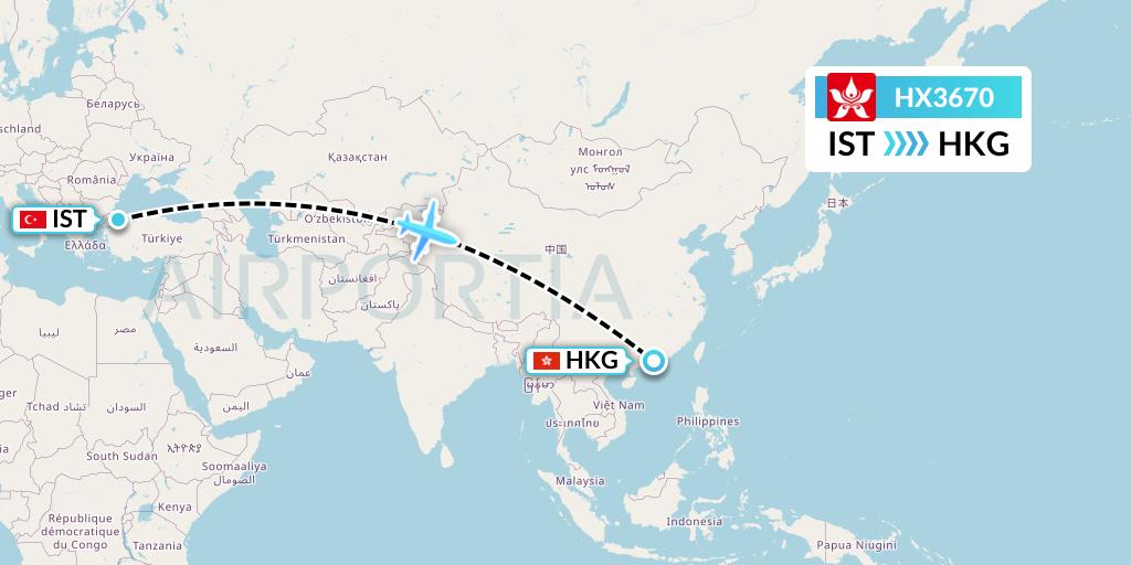 HX3670 Hong Kong Airlines Flight Map: Istanbul to Hong Kong