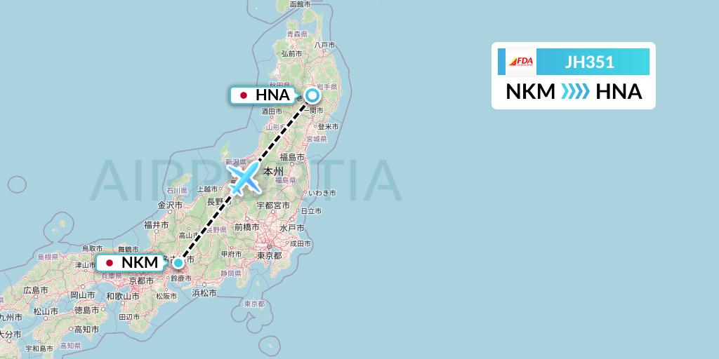 JH351 Fuji Dream Airlines Flight Map: Nagoya to Hanamaki