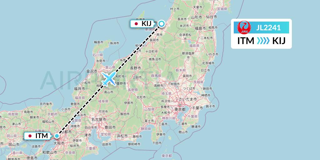 JL2241 Japan Airlines Flight Map: Osaka to Niigata