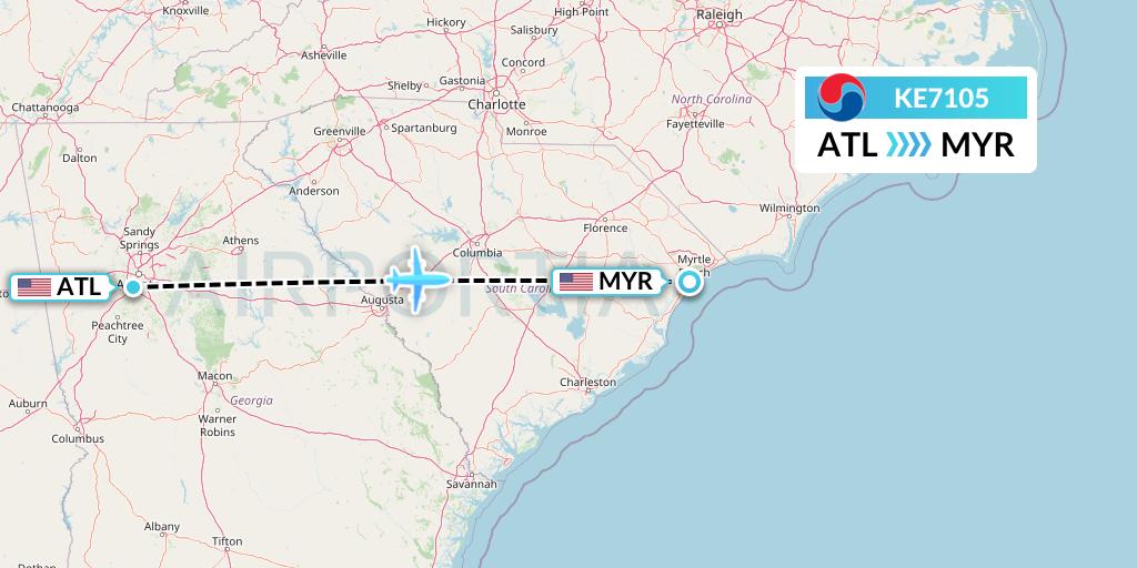 KE7105 Korean Air Flight Map: Atlanta to Myrtle Beach