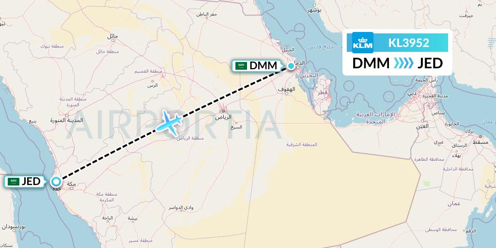 KL3952 KLM Flight Map: Dammam to Jeddah