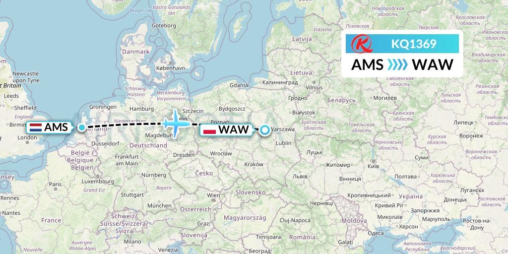KQ1369 Kenya Airways Flight Map: Amsterdam to Warsaw