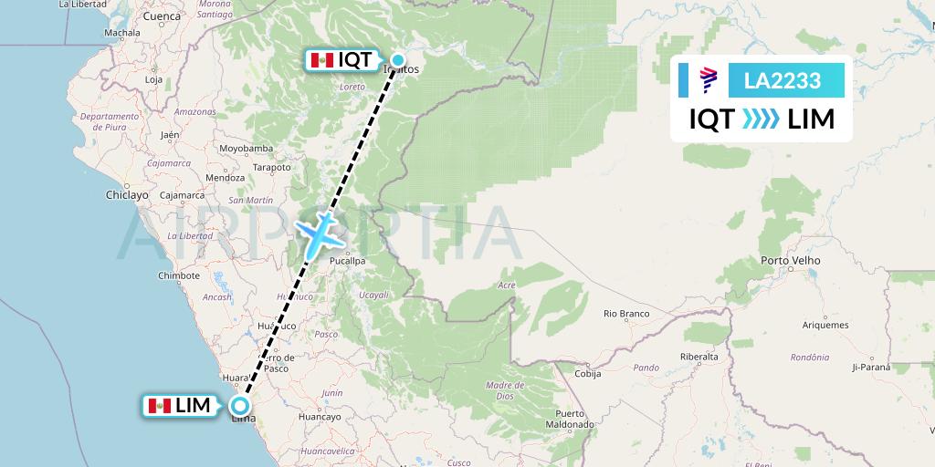 LA2233 LAN Airlines Flight Map: Iquitos to Lima