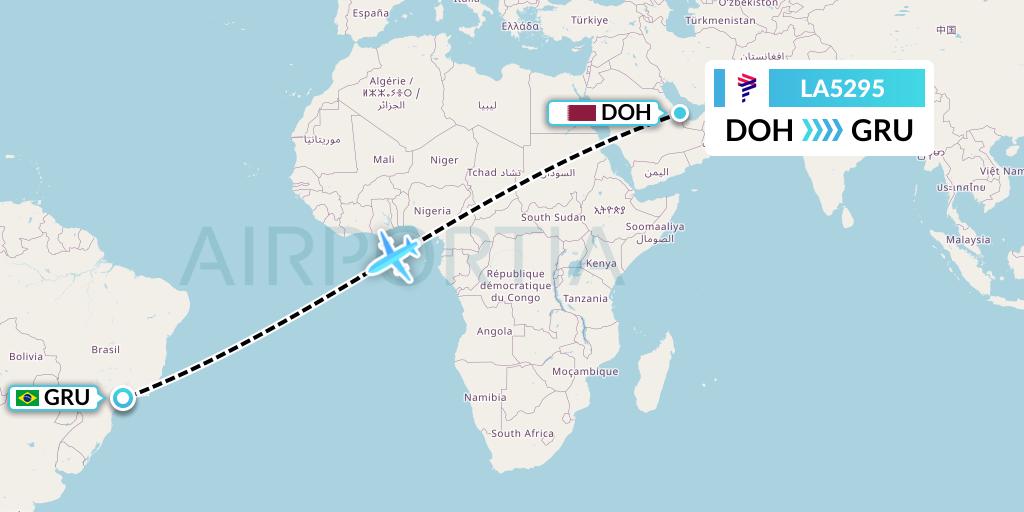LA5295 LAN Airlines Flight Map: Doha to Sao Paulo