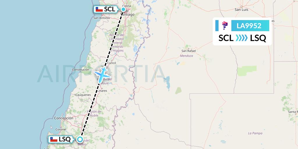 LA9952 LAN Airlines Flight Map: Santiago to Los Angeles