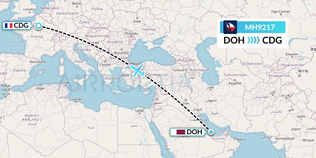 MH9217 Malaysia Airlines Flight Map: Doha to Paris