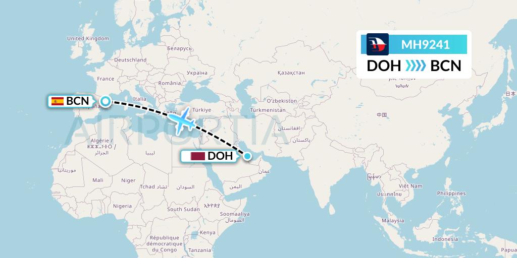 MH9241 Malaysia Airlines Flight Map: Doha to Barcelona