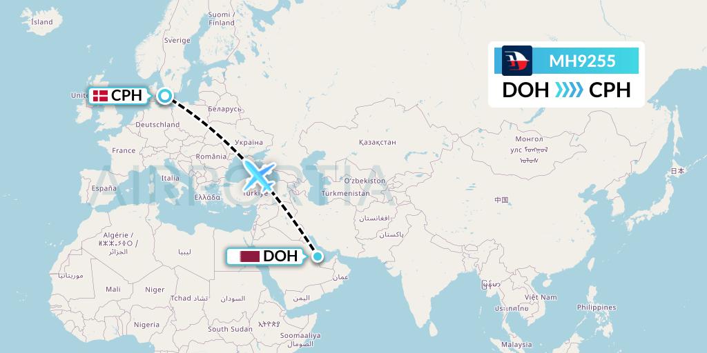 MH9255 Malaysia Airlines Flight Map: Doha to Copenhagen