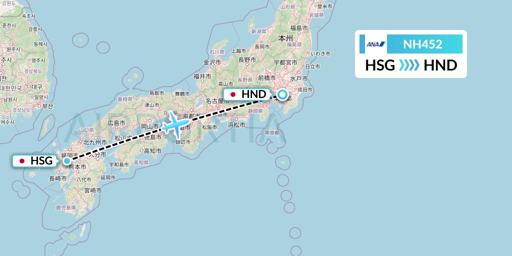 NH452 All Nippon Airways Flight Map: Saga to Tokyo