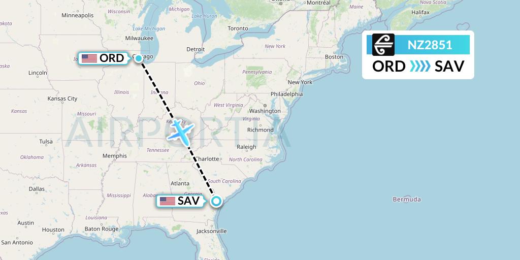 NZ2851 Air New Zealand Flight Map: Chicago to Savannah