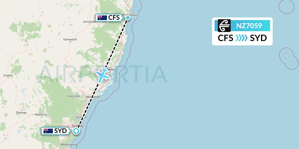 NZ7059 Air New Zealand Flight Map: Coffs Harbour to Sydney