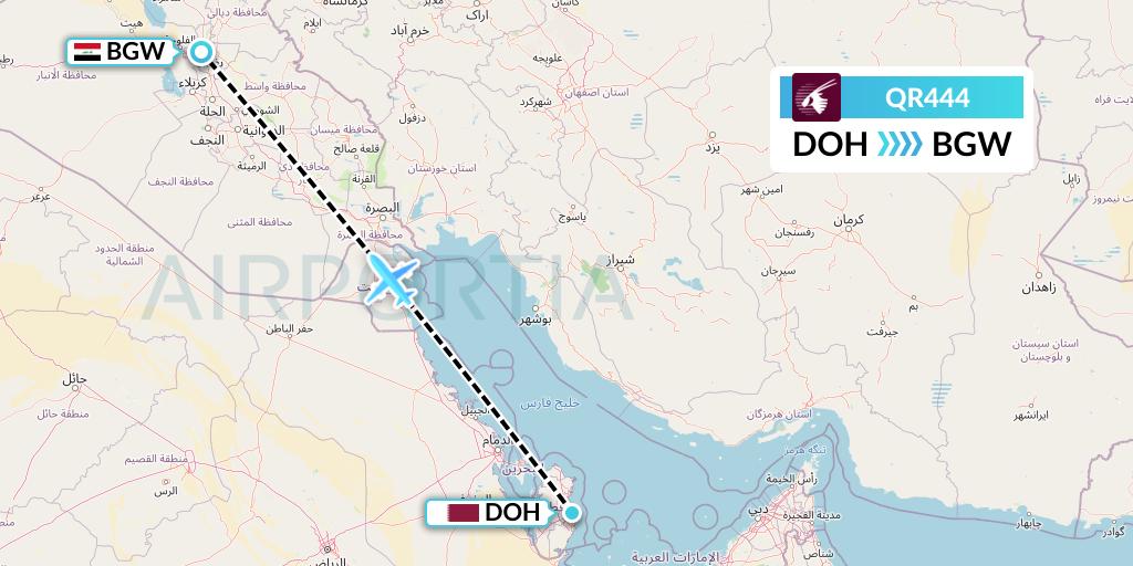 QR444 Qatar Airways Flight Map: Doha to Baghdad