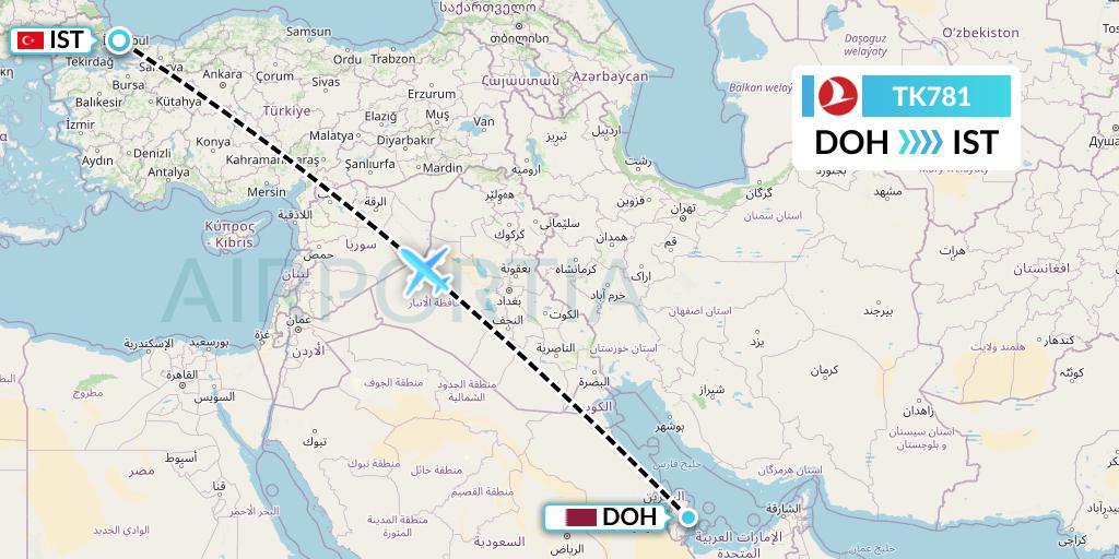 TK781 Turkish Airlines Flight Map: Doha to Istanbul