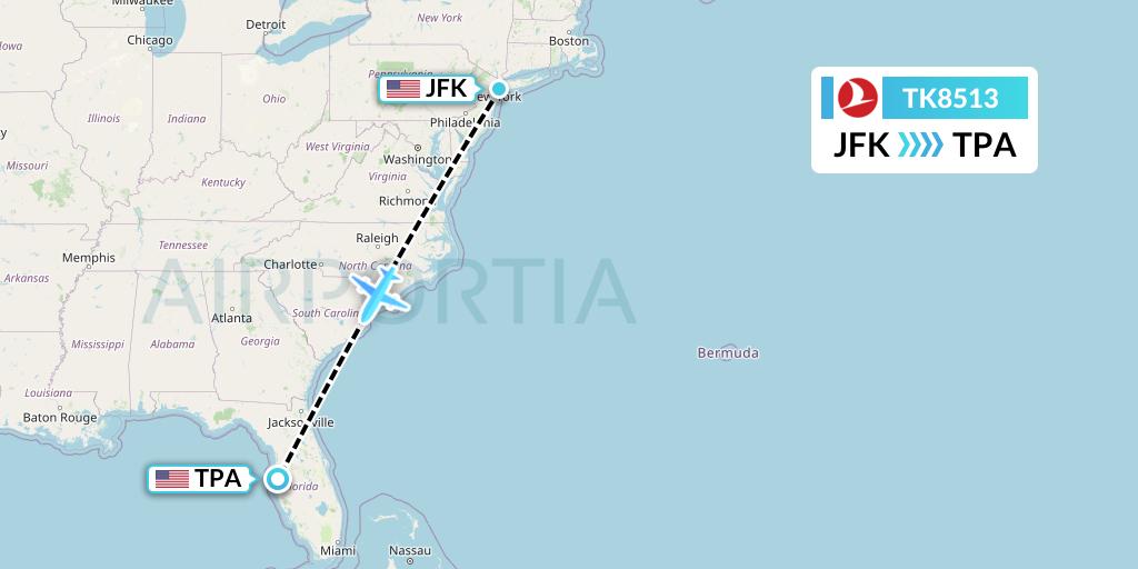 TK8513 Turkish Airlines Flight Map: New York to Tampa