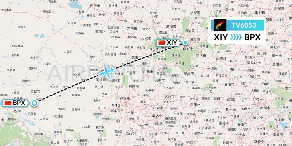 TV6053 Tibet Airlines Flight Map: Xi'an to Bangda