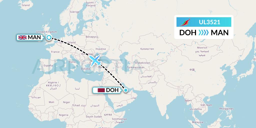 UL3521 SriLankan Airlines Flight Map: Doha to Manchester